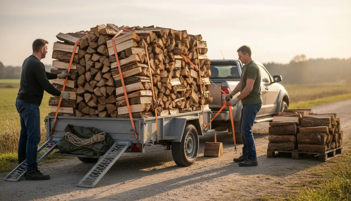 En firehjulstrækker med trailer læsser en stor stak brænde på en rolig landevej, mens hjælperes hænder og rygge ses.