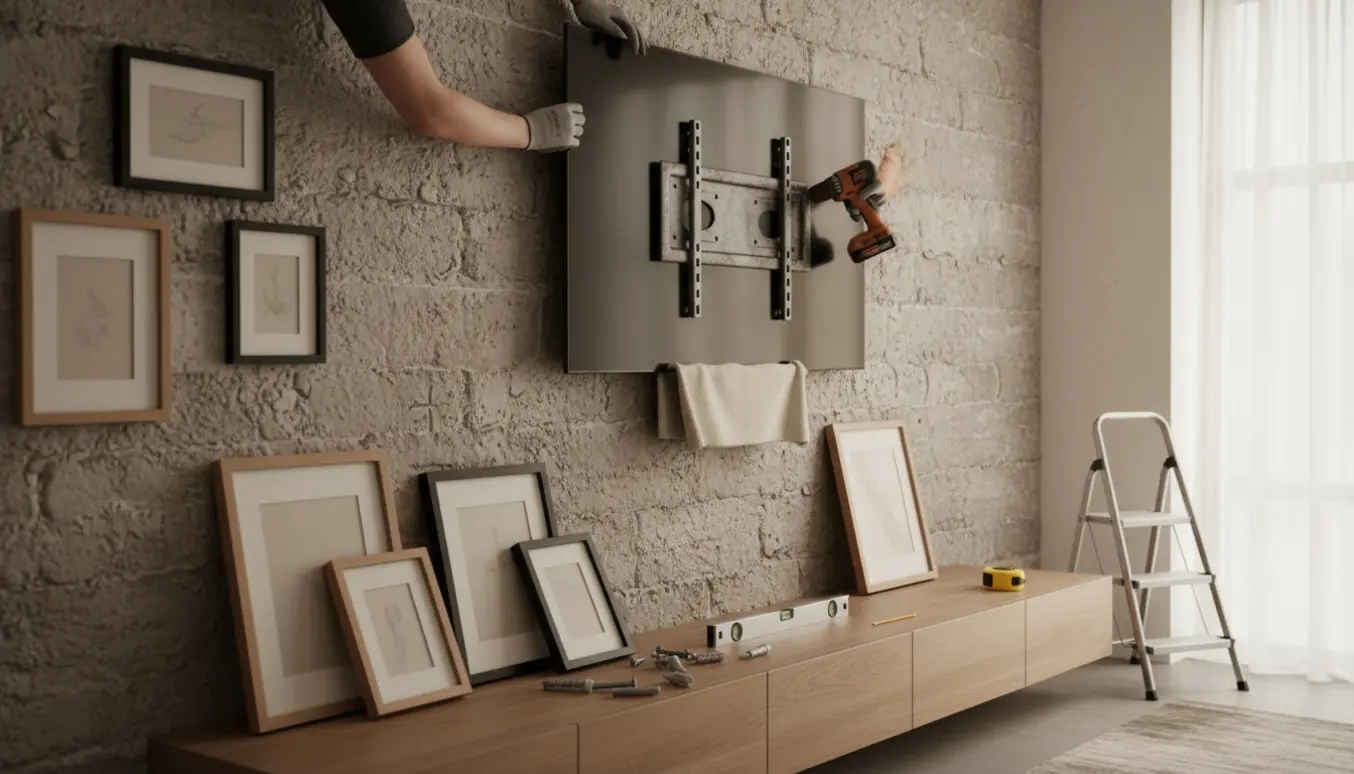 En person monterer et stort fladskærms-tv på en murvæg med bor og beslag, mens syv indrammede billeder ligger klar til ophæng.