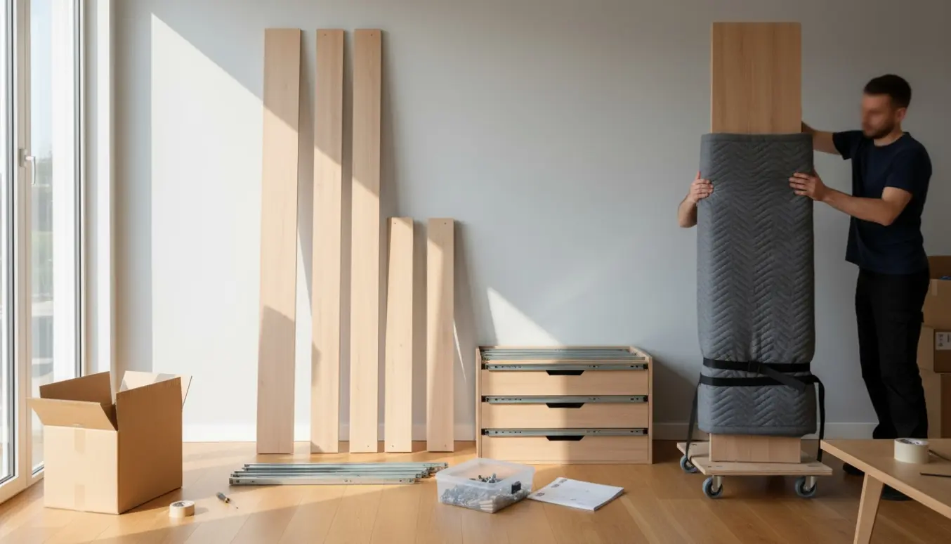 Adskilt højt Ikea-skab med paneler og værktøj i en lys stue klar til flytning.