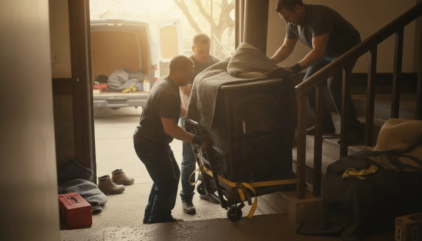 To personer løfter en tung brændeovn op ad en smal kældertrappe med flytteudstyr.