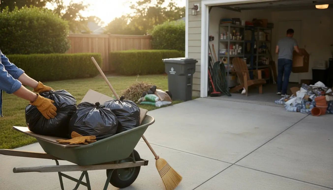 Åben garage og have med fyldte sække og en skubvogn, mens en person i handsker rydder affald.