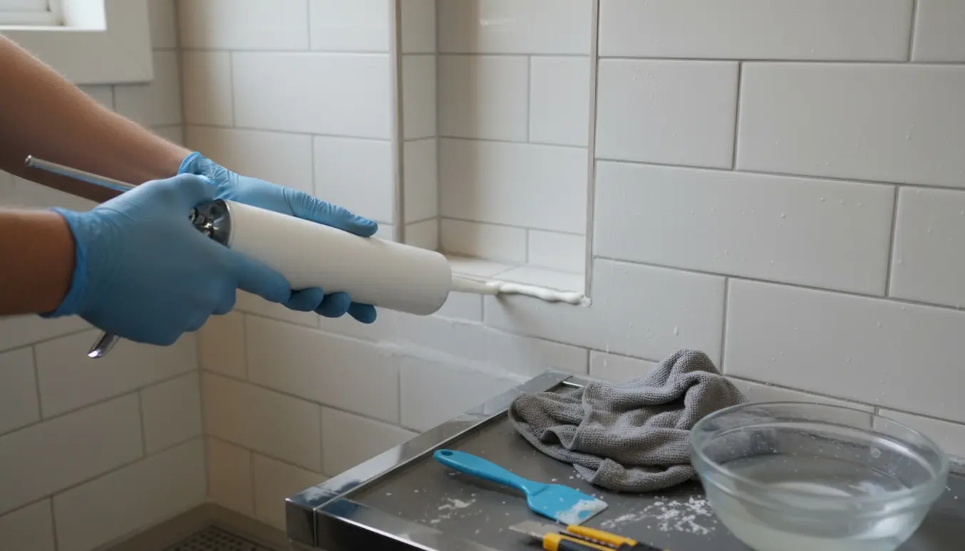 Nærbillede af hænder, der påfører en ny silikonfuge i en bruseniche med fugepistol og glatteværktøj.