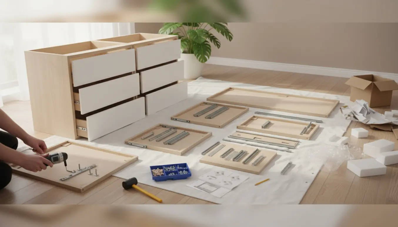 Hænder samler to nye fladpakkede kommoder i et lyst, ryddeligt værelse med værktøj og emballage.