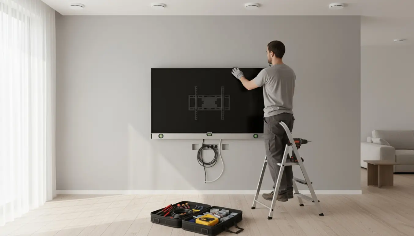 Håndværker monterer TV på væg og fire røgalarmer i en lys stue med værktøj på gulvet.