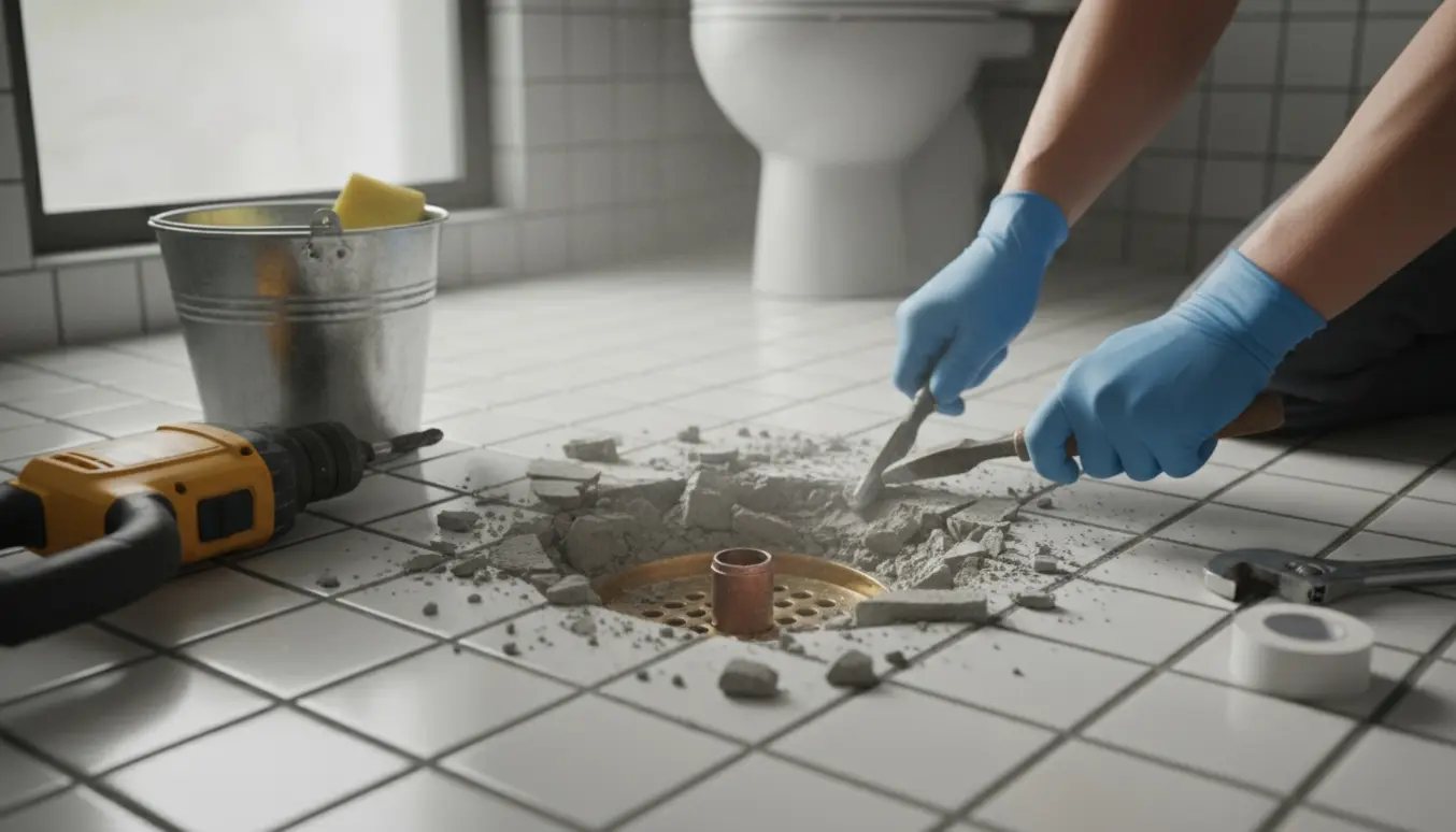 Arbejder fjerner støbt beton over gulvafløb i et lille badeværelse.