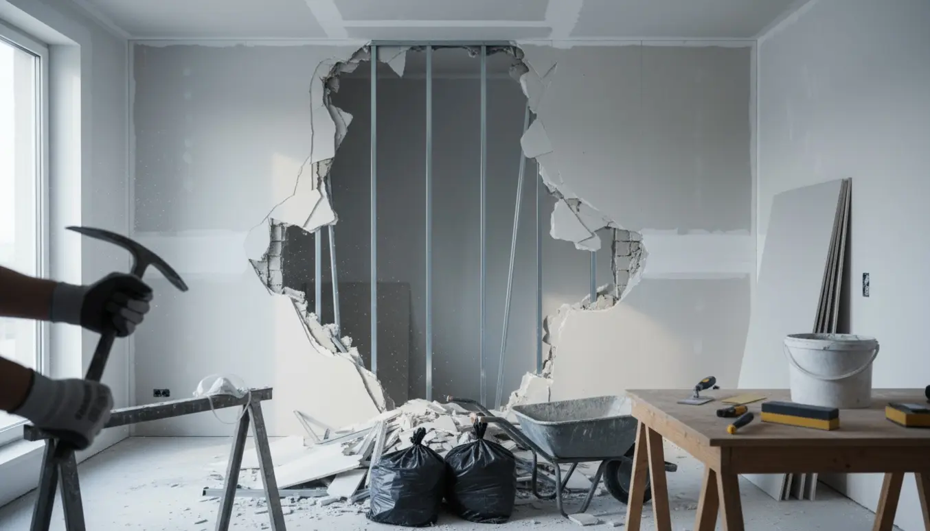 Interiørfoto af delvist nedrevne gips/metalvægge med værktøj, bunker af affald og nypudset loft klar til reparation.