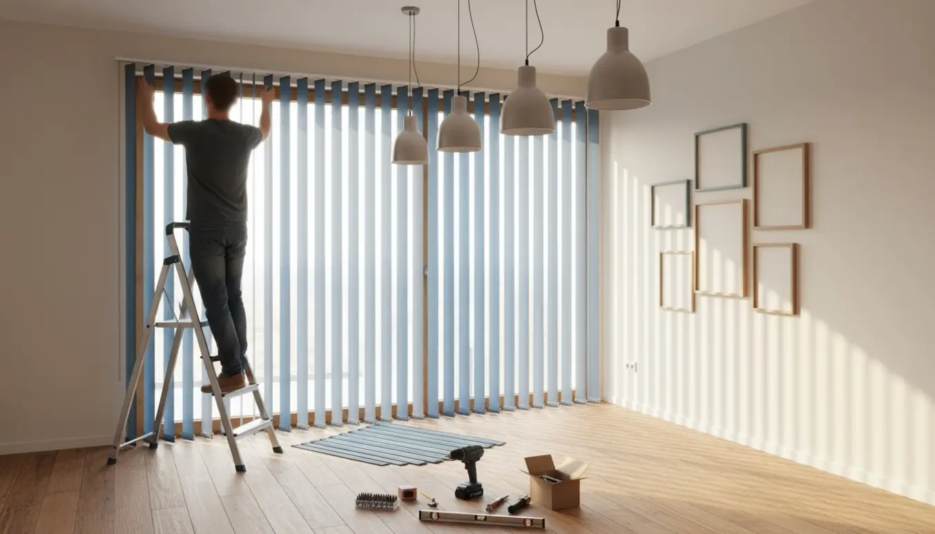 Håndværker hænger lamelgardin, loftlamper og billedrammer op i et lyst stueinteriør.