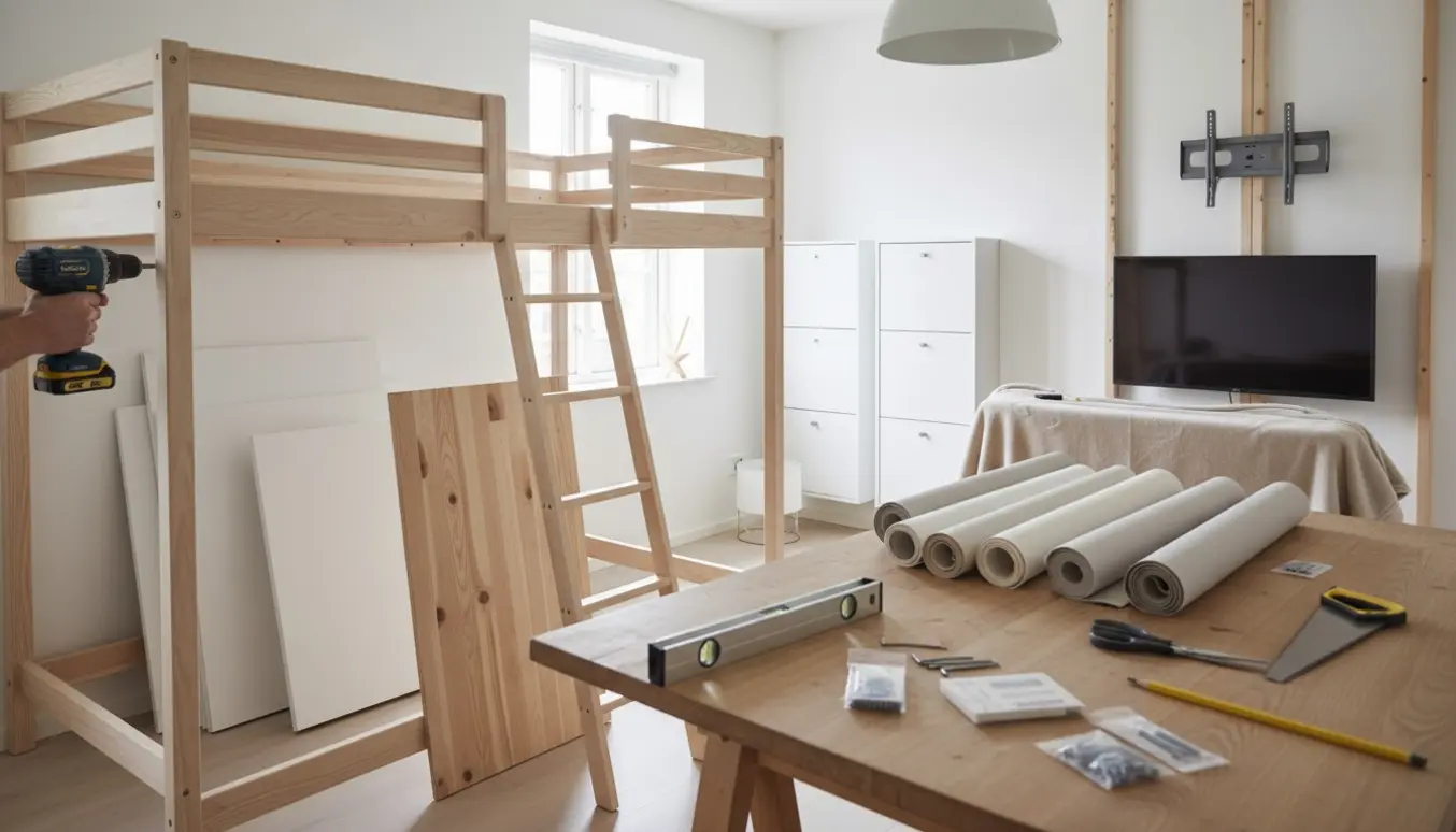 Montering af køjesengstige og ophæng af reoler og rullegardiner i et lyst skandinavisk værelse.