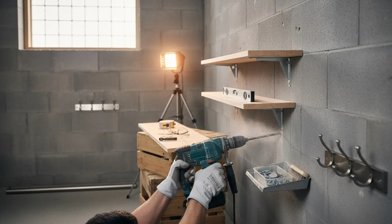 Opsætning af tre hylder, en bøjlestang og knager på en kældervæg med borehammer, rawlplugs og skruer.