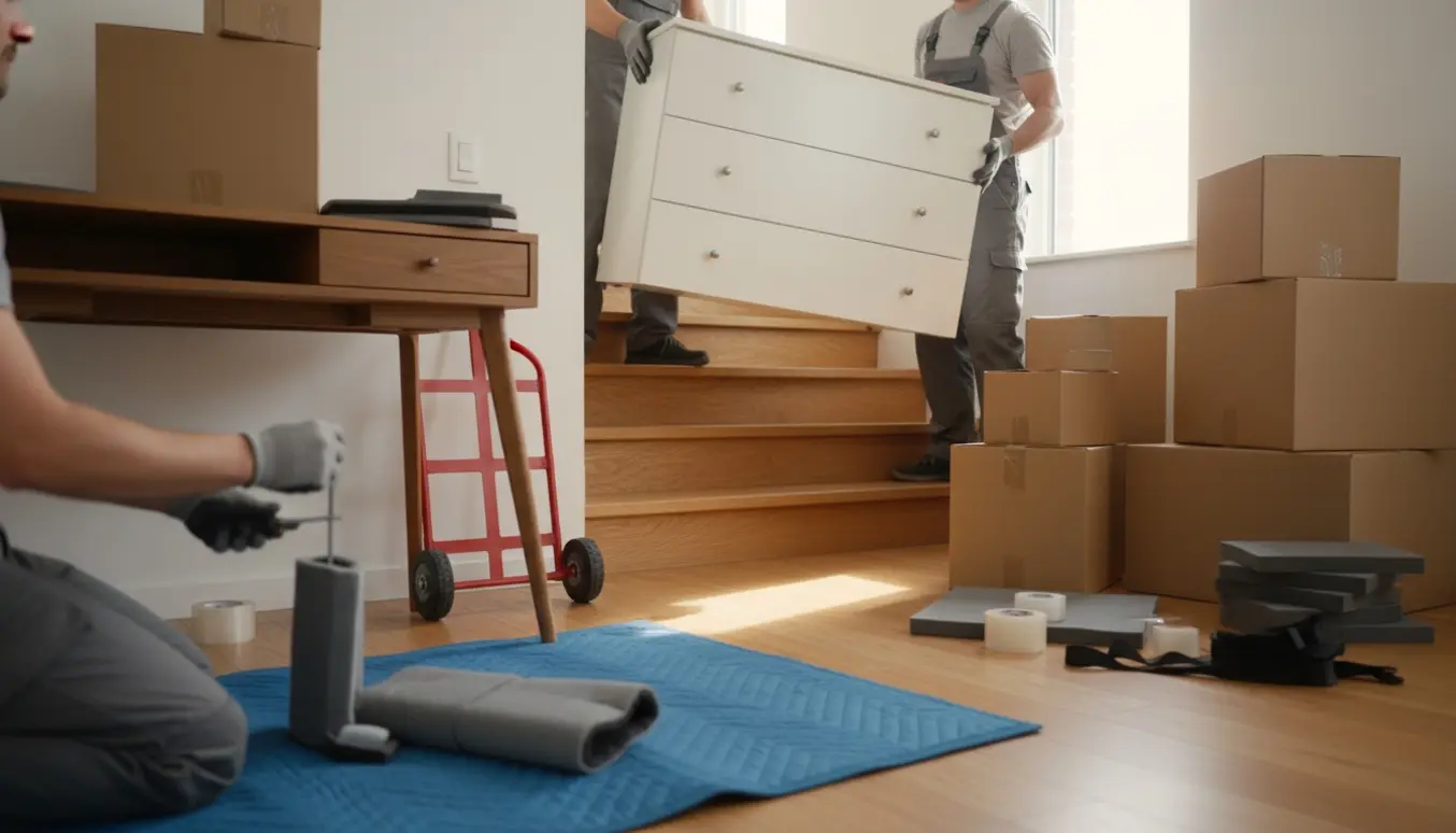 To personer bærer en seks-skuffers kommode op ad en trappe, mens afmonterede skrivebordsben og syv flyttekasser står klar på reposen.