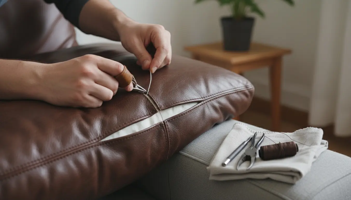 Nærbillede af hænder, der syr en cirka 30 cm åben syning i en læderpude, mens puden sidder på en sofa.