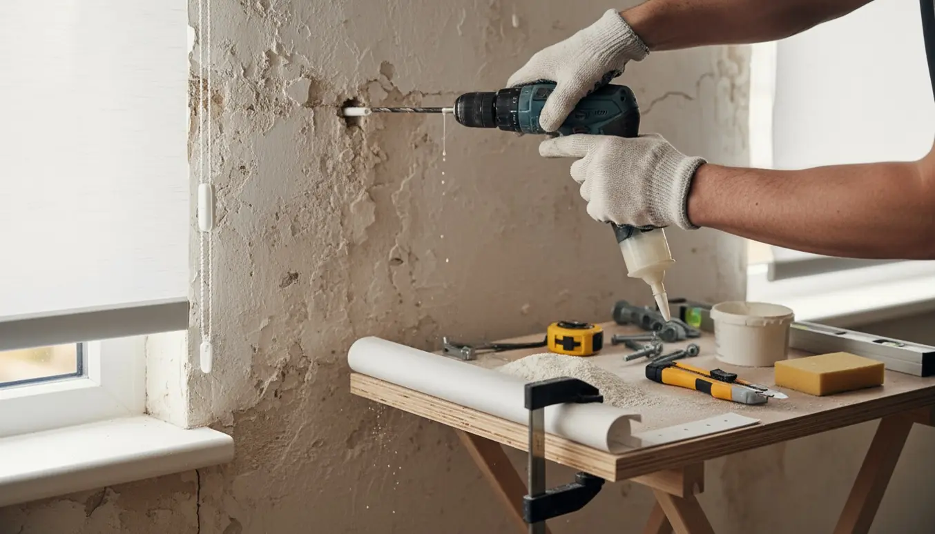 Hænder monterer rullegardiner på en porøs væg med bor, rawlplugs og fyldemateriale, mens et rullegardin er delvist tilpasset på en arbejdsbænk.