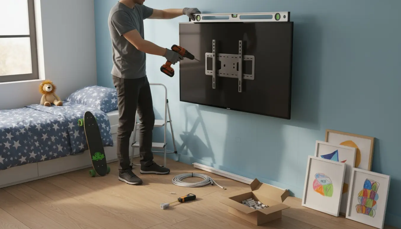 Hænder monterer et tv og forbereder billeder i et solbeskinnet drengeværelse med værktøj på gulvet.