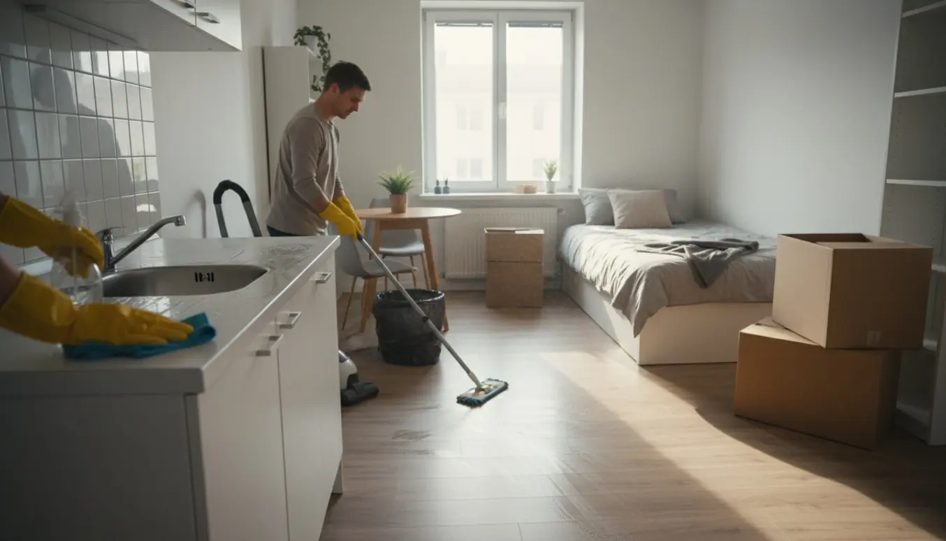 Fraflytningsrengøring i et lille 36 m² studie med flyttekasser, moppe og en person i handsker, der pudser køkkenbordet.