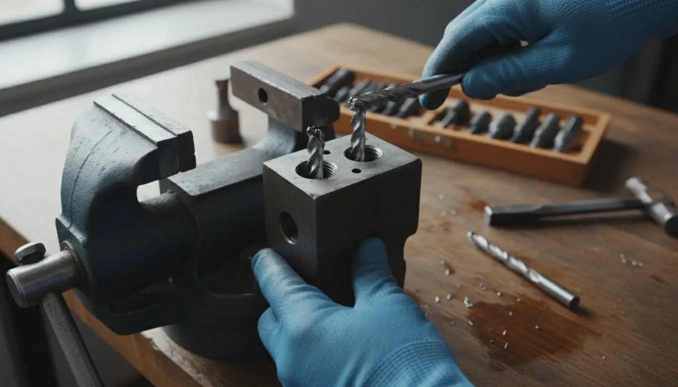 Nærbillede af hænder, der fjerner en knækket skrue fra et metalgevind med udtrækker og tap i en værkstedsklemme.
