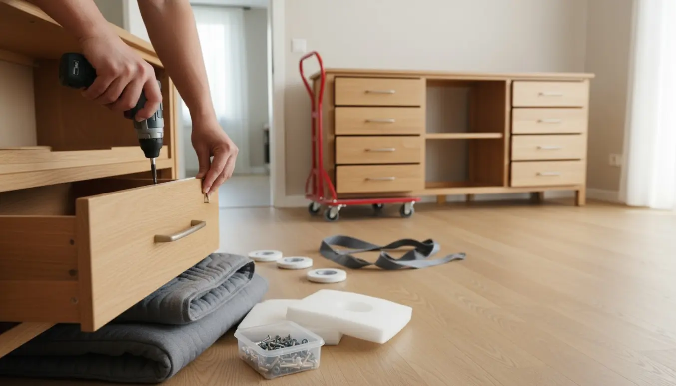 Hænder afmonterer en trækommode med værktøj og flyttetæpper i et lyst hjem.