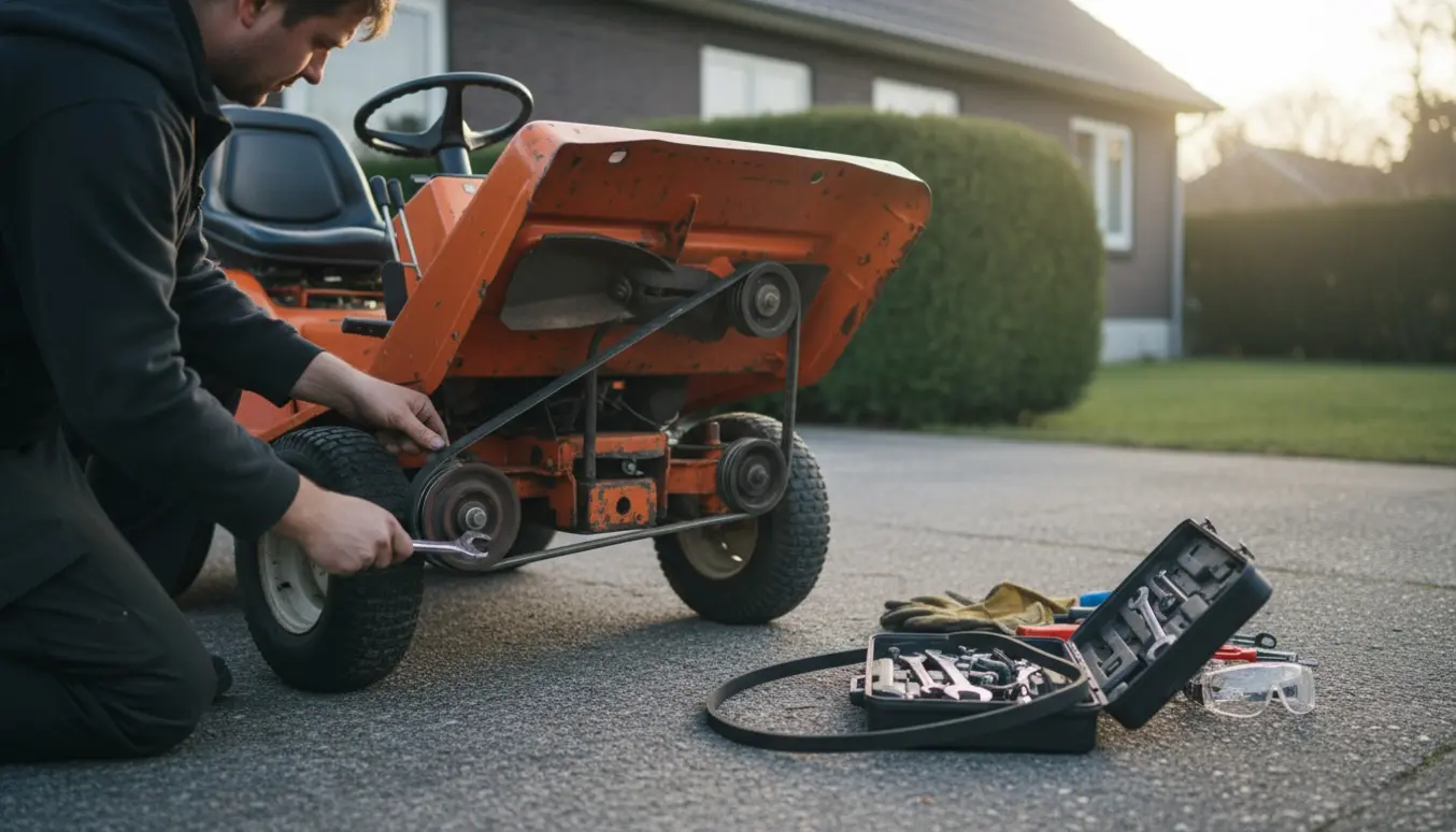 Tekniker reparerer en orange havetraktor i indkørslen med åben klippebord, synlig rem og værktøj.