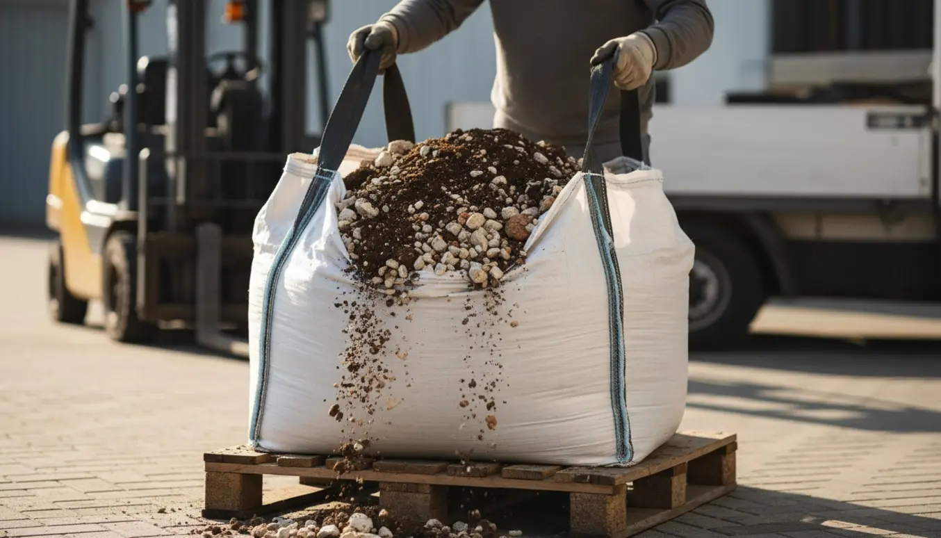 Stor bigbag med blanding af jord, grus og ler på en palle i en indkørsel, klar til afhentning.