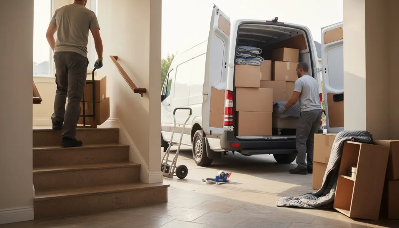 En flyttescene med en person, der triller kasser ned ad en trappe, mens en flyttevogn venter udenfor.