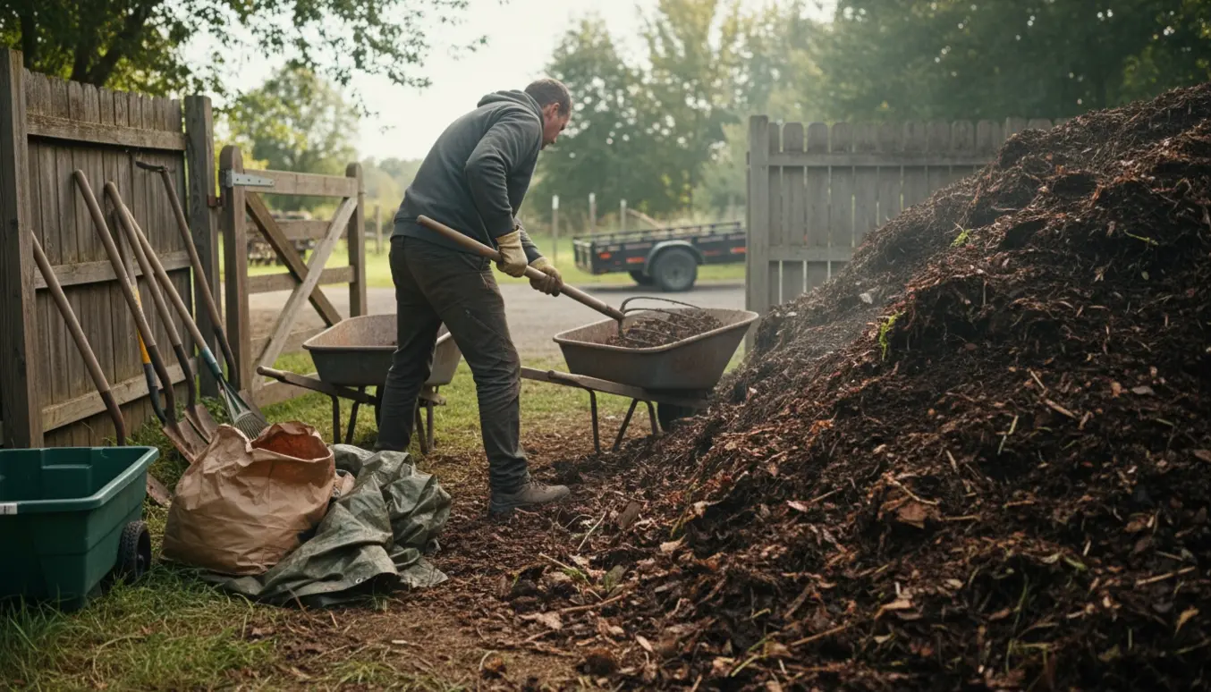 Stor kompostbunke i baghaven læsses i trillebør med skovl og greb ved en åben havelåge.