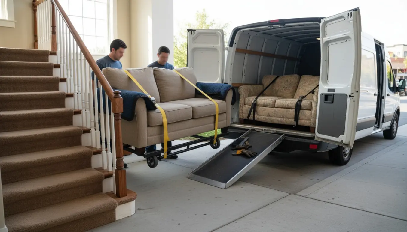 To personer bærer en 2-personers sofa ned ad trappen mod en åben varevogn klar til kørsel til genbrugsplads.