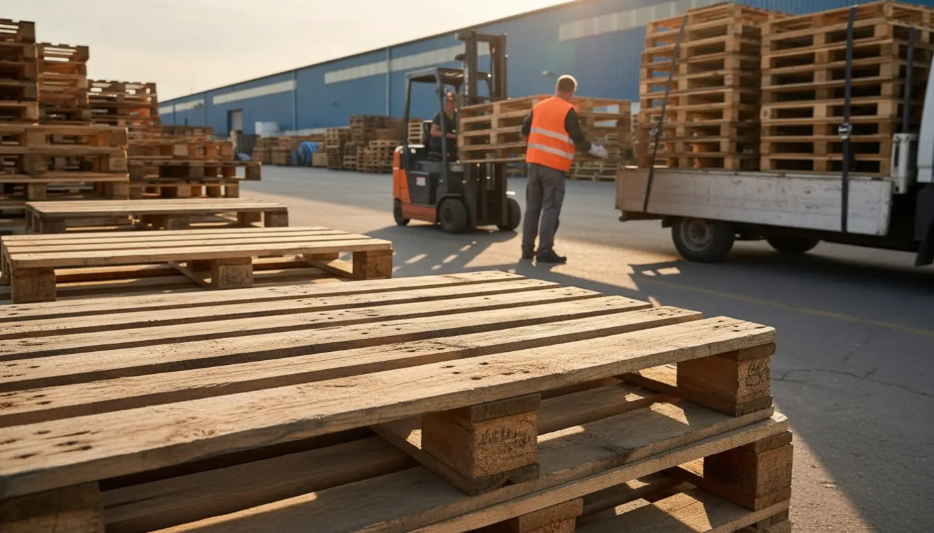 Udendørs scene med stabler af engangspaller og en lastbil i færd med at laste dem.