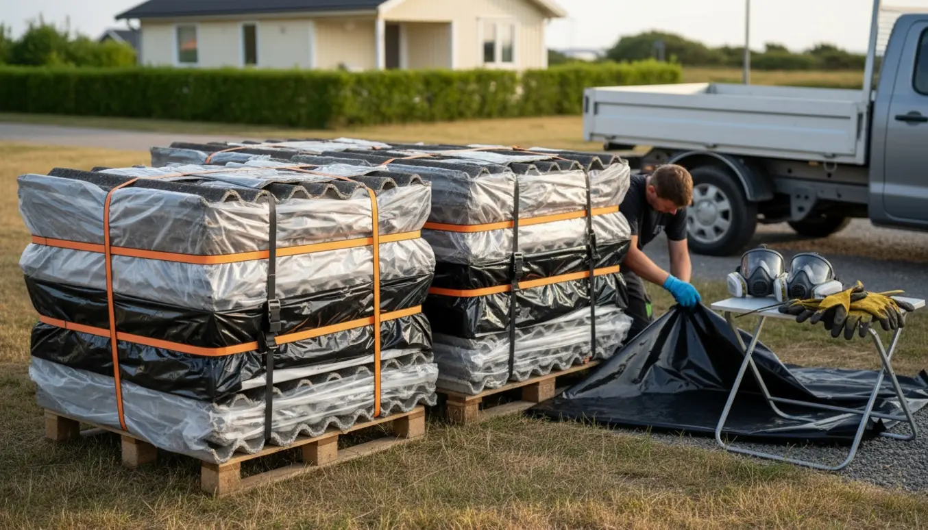 Indpakkede eternitplader ved et sommerhus klar til sikker bortkørsel med arbejdshandsker og åndedrætsværn i nærheden.