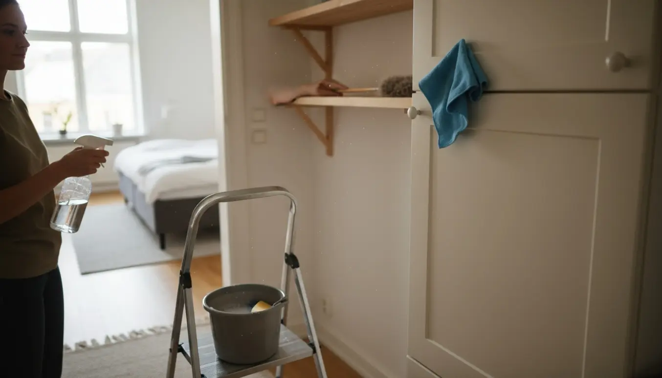 Person på en lille stige tørrer malede køkkenlåger af, mens støv tørres i stuen og soveværelset i et lyst hjem.
