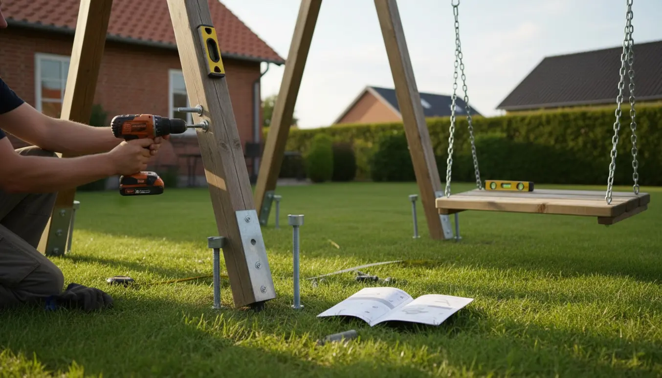 To personer fastgør et stort trægyngestativ på en græsplæne med værktøj og en hængende gynge.