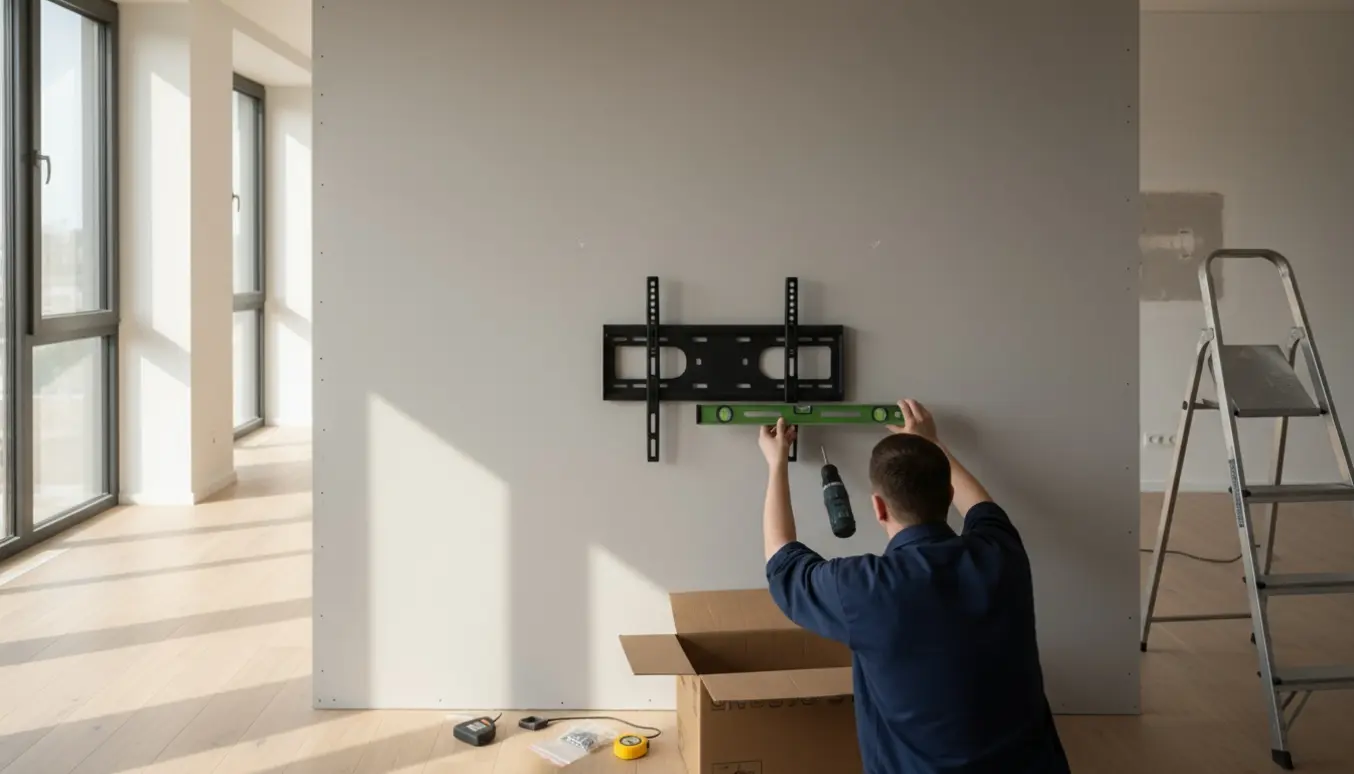 Person monterer en fladskærm på en skillevæg med værktøj omkring i et lyst, moderne rum.