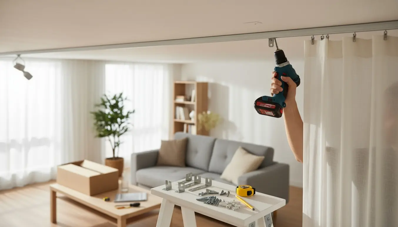 Nærbillede af montering af en loftmonteret gardinskinne som rumdeler i en lys stue.