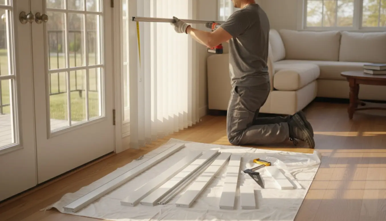 En person monterer og tilpasser lamelgardiner ved en dør og stort vindue i en lys stue.