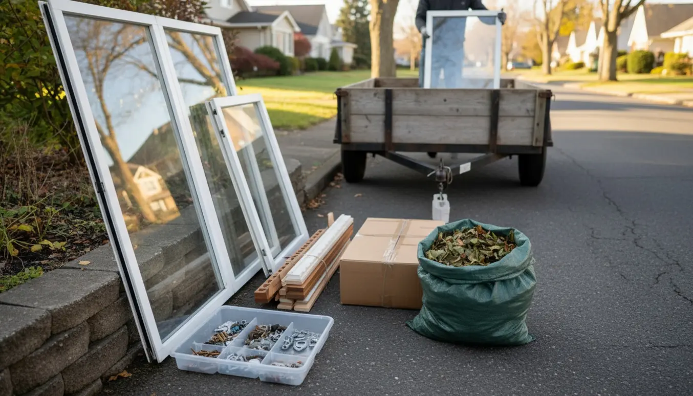 Bunkede vinduesruder, rammer, lister, pap og en sæk haveaffald ved vejkanten klar til afhentning.