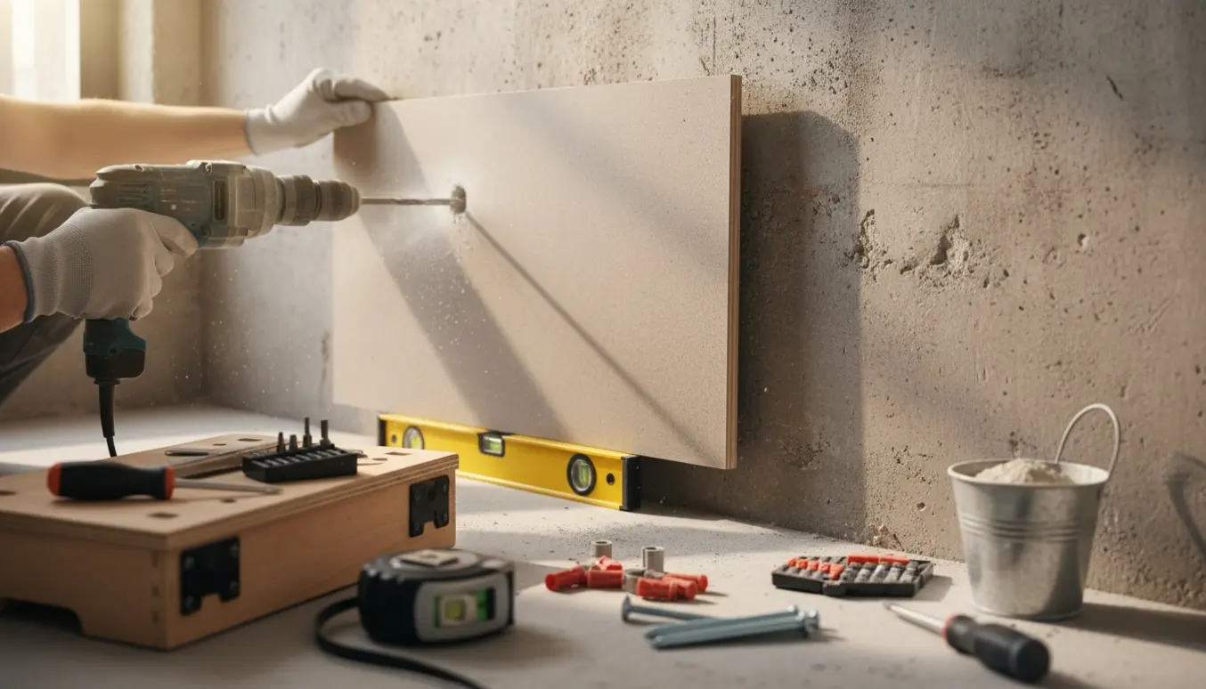 Hænder hænger en tavle op på en rå betonvæg med borehammer, rawlplugs og vaterpas.