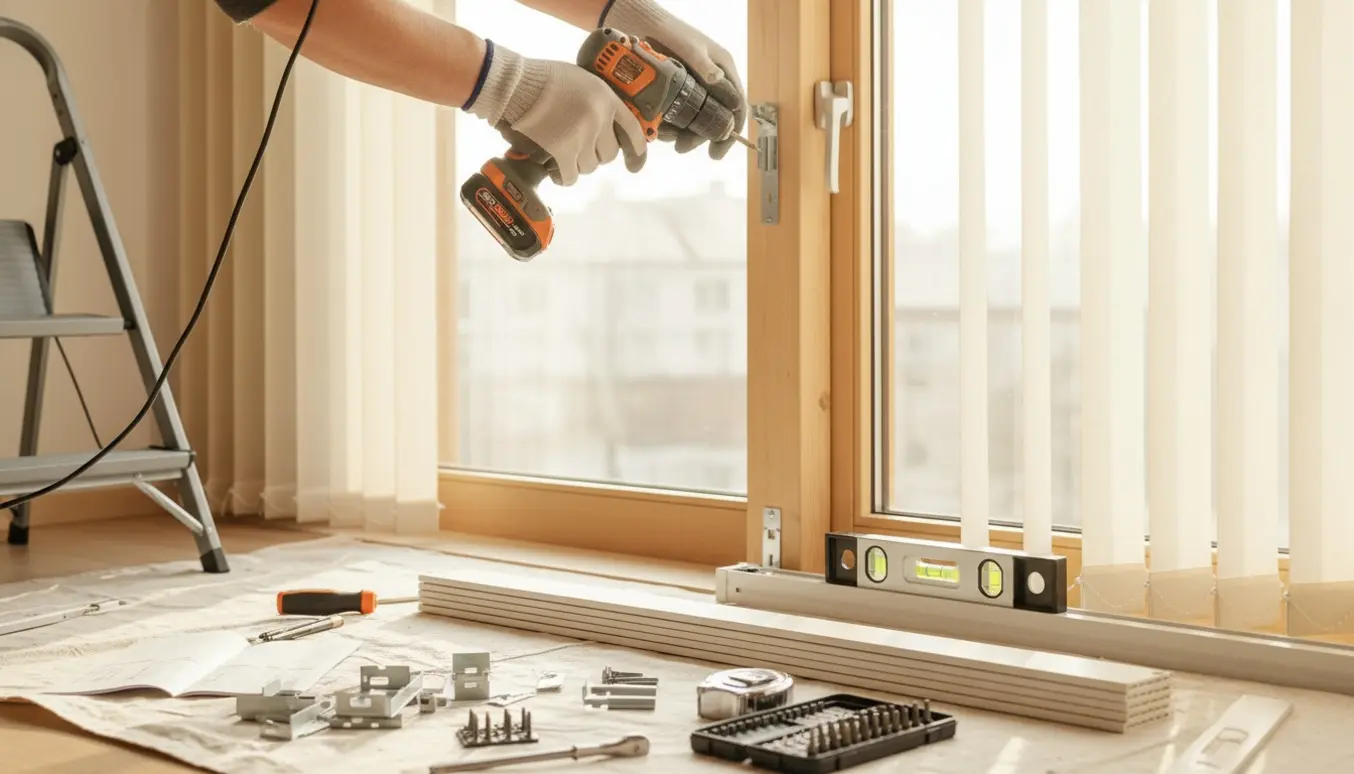 Håndværker monterer lamelgardiner på en vinduesramme med boremaskine og målebånd.