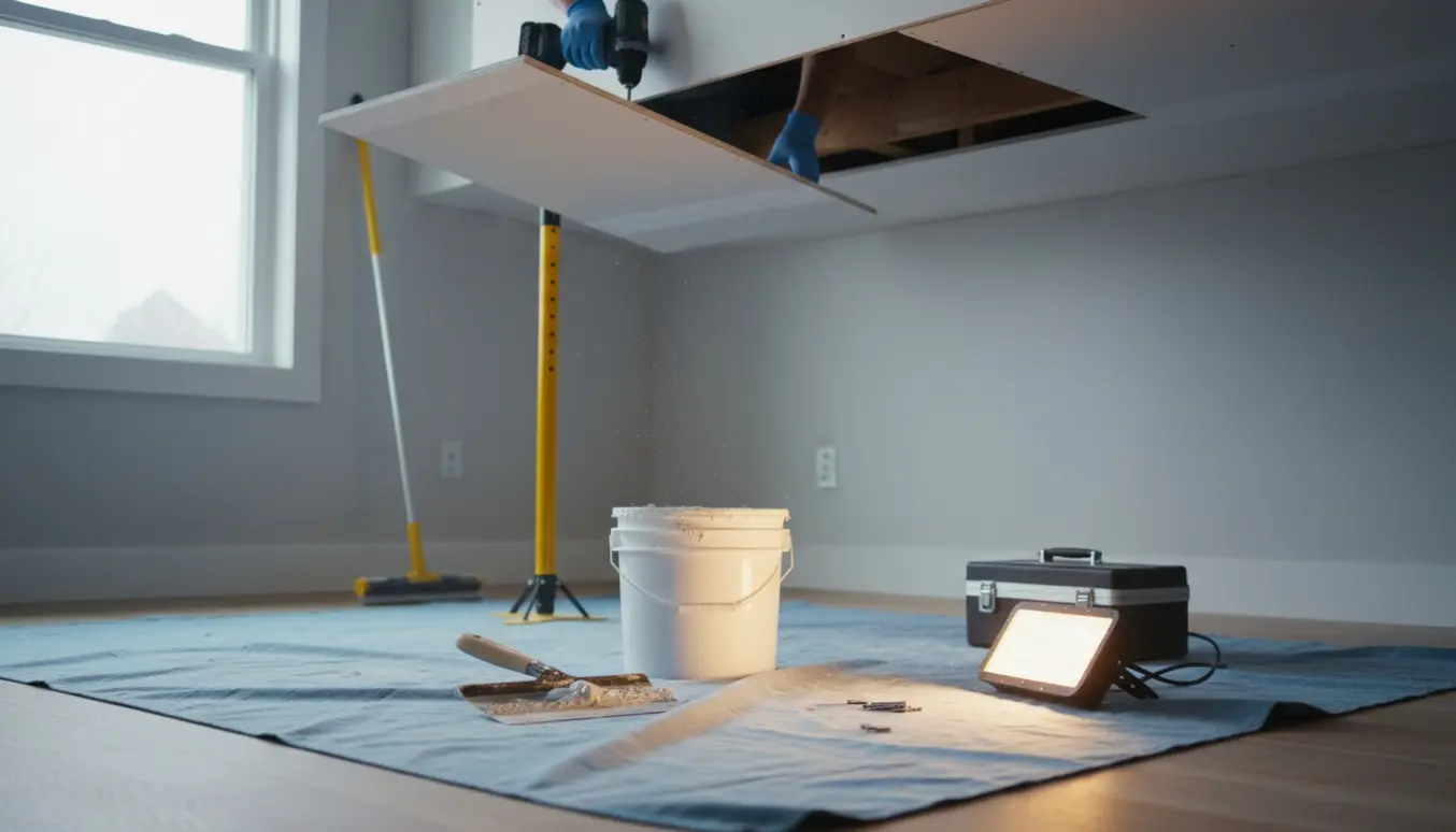 Delvist afmonteret gipsloft med synlig træstøtte, værktøj og spartelmateriale klar til reparation.