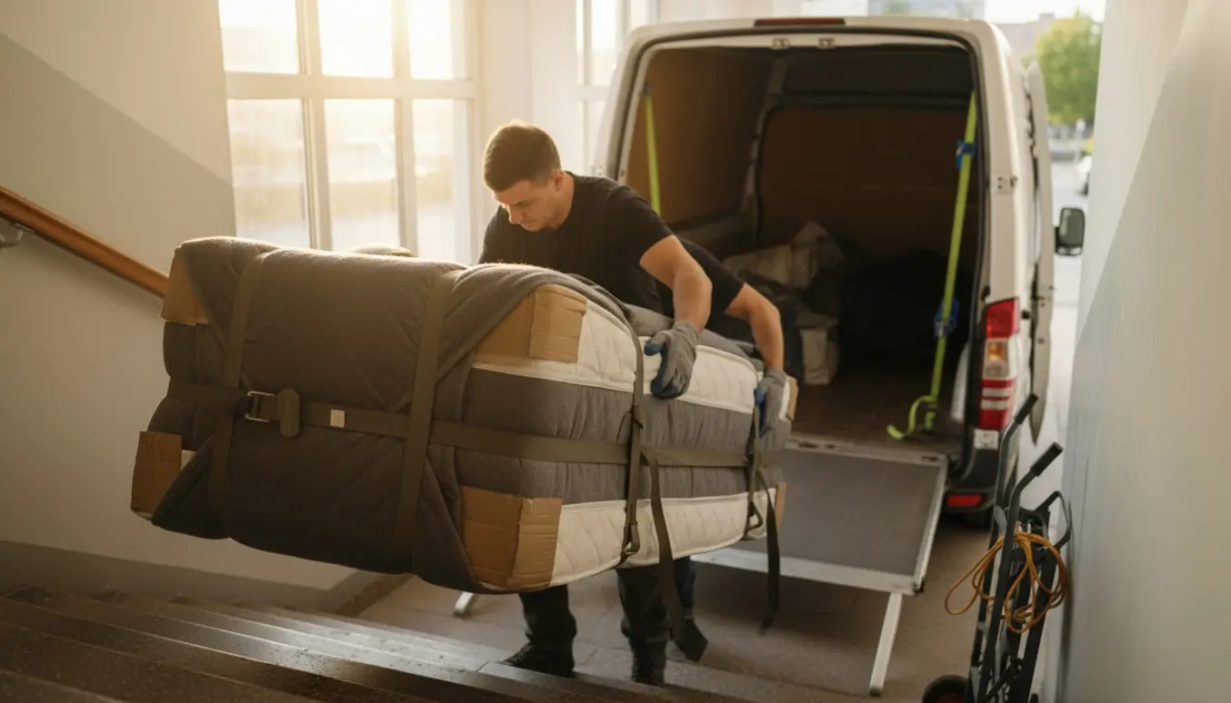 To flyttefolk bærer en stor boxmadras ned ad trappen mod en varevogn klar til storskrald.