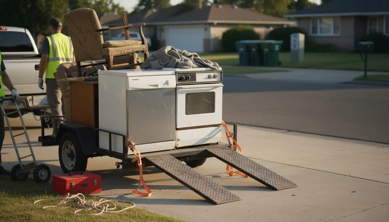 Trailer læsset med storskrald—opvasker, ovn og vaskemaskine læsses på en villavej.