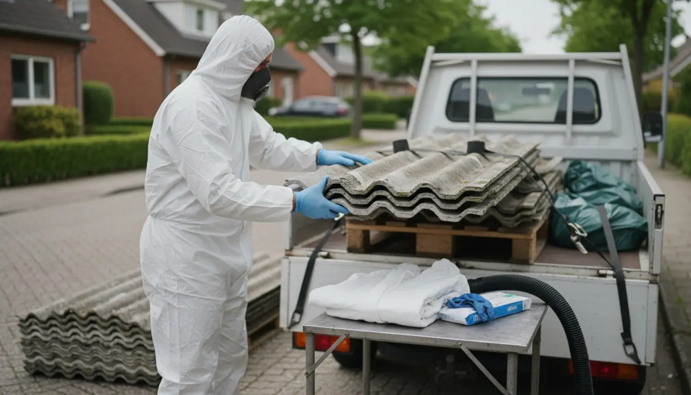 Person i beskyttelsesdragt læsser grå bølgeeternit-plader i en varebil med sikkerhedsudstyr ved siden af.