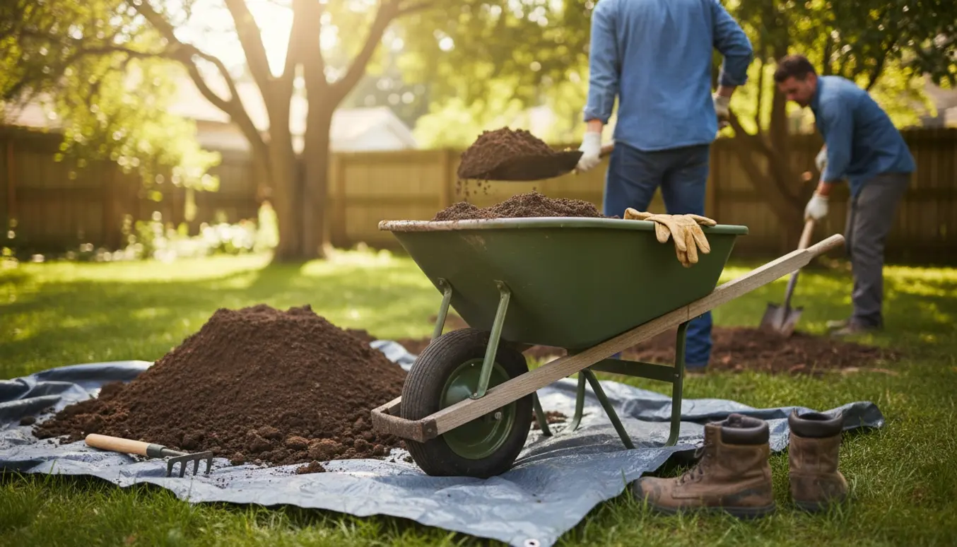 Personer fjerner jord fra en baghave med skovl og trillebør i eftermiddagslys.