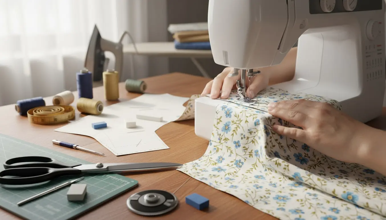 Nærbillede af hænder, der syr stof på en symaskine omgivet af tråde og syredskaber i naturligt lys.