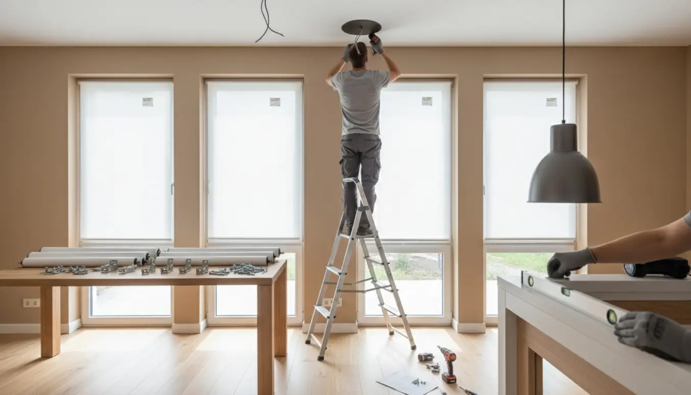 En håndværker monterer seks rullgardiner ved vinduerne og opsætter en loftlampe i et lyst rum.