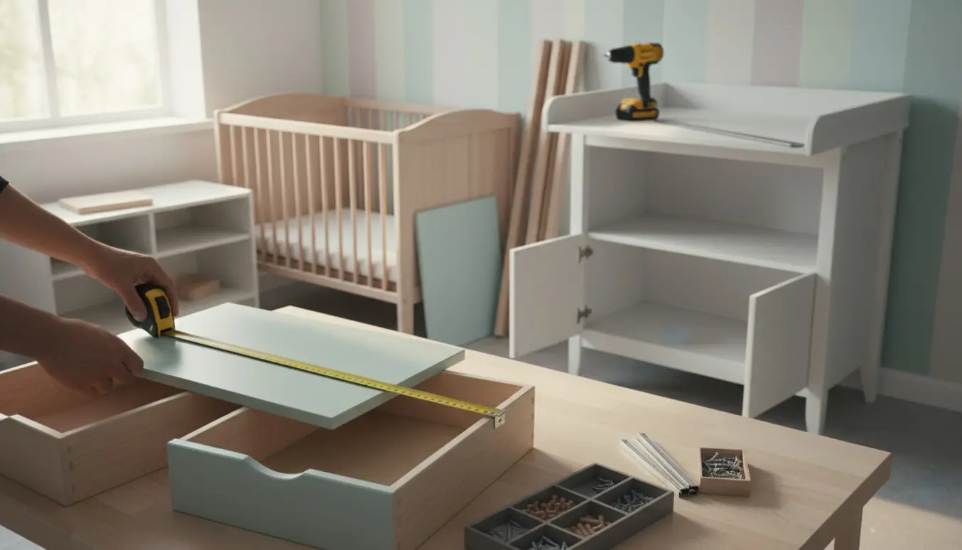 Delvist samlet tremmeseng, børneskab og et puslebord med to manglende skuffer og værktøj på et lyst arbejdsbord.