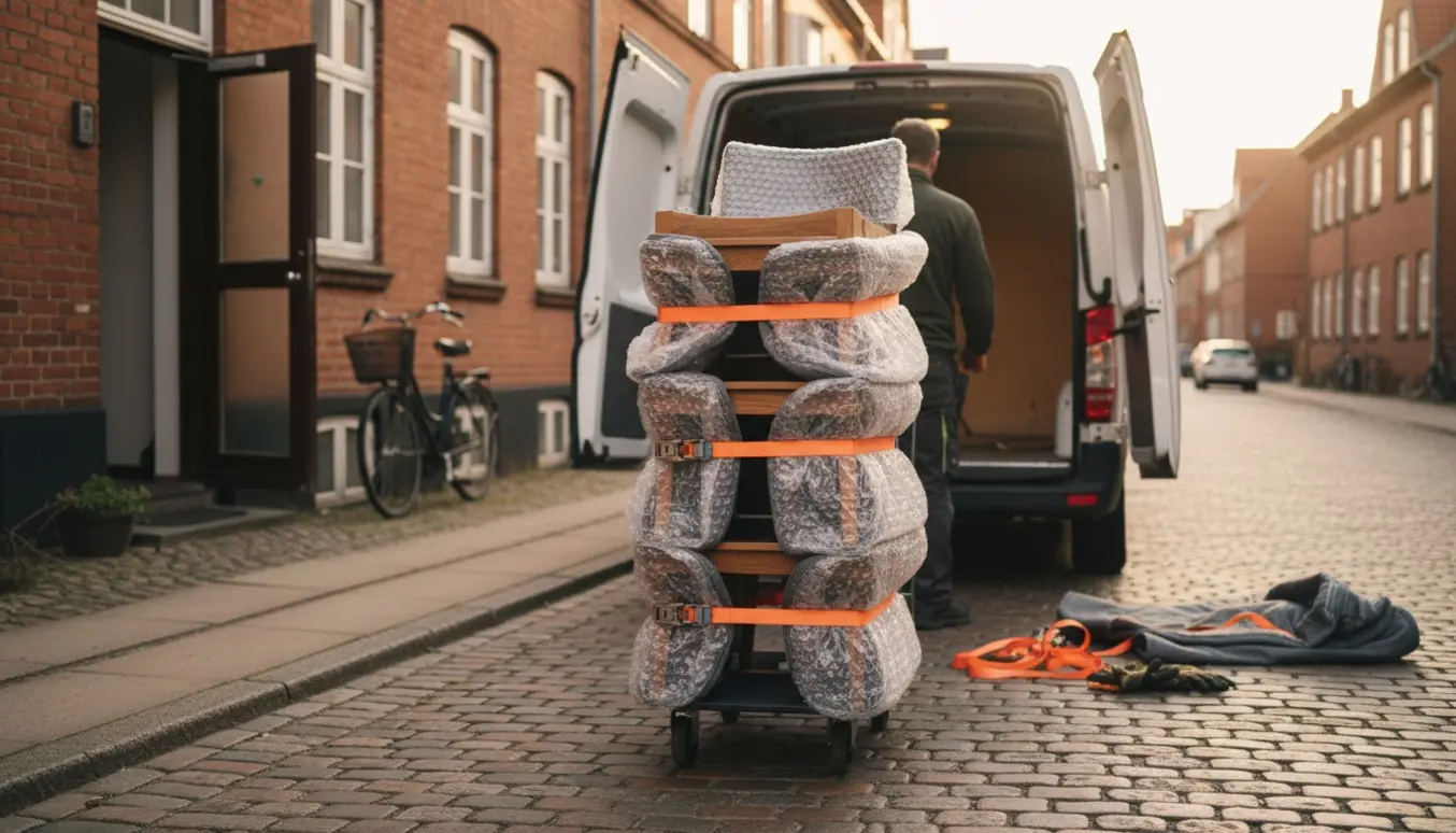 Fem spisestole pakket i flyttetæpper og læsset i en varevogn på en stille dansk gade.