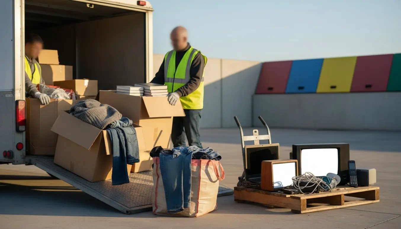 En trailer ved genbrugsstation med kasser og poser fyldt med ikke-genanvendeligt tøj, bøger og elektronik klar til aflevering.