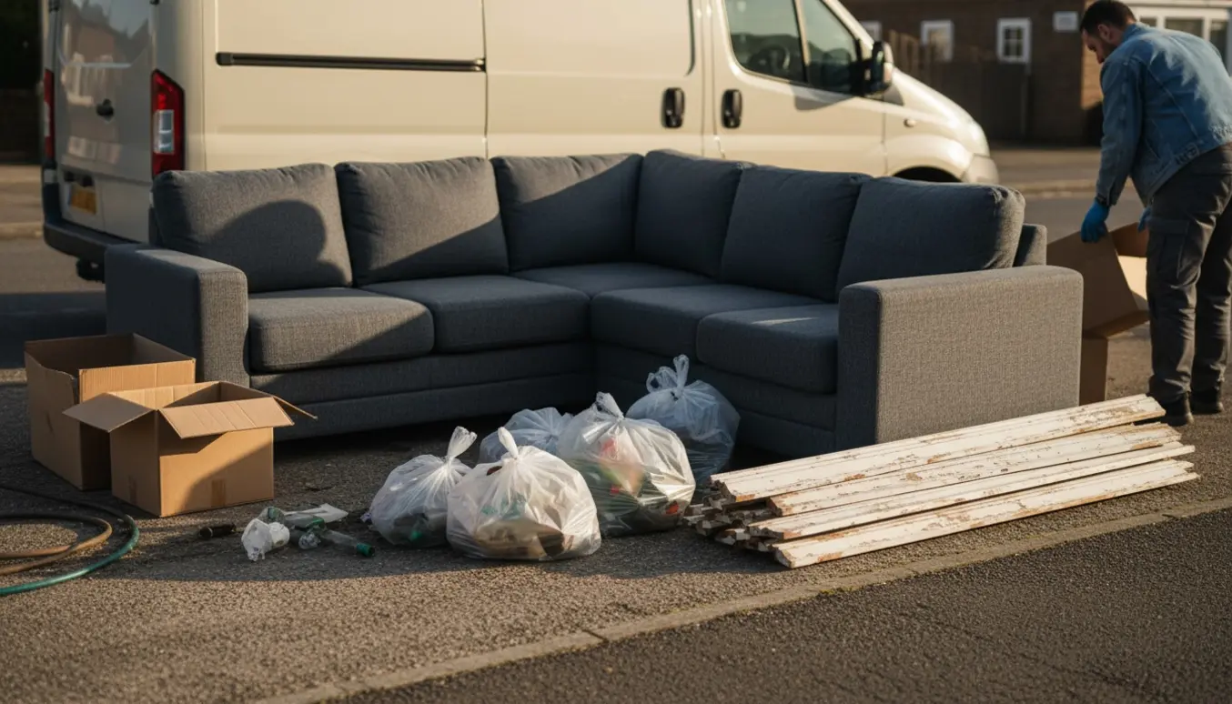 Fortov med hjørnesofa, bunke malede fodpaneler og poser med plastik klar til afhentning ved en varevogn.