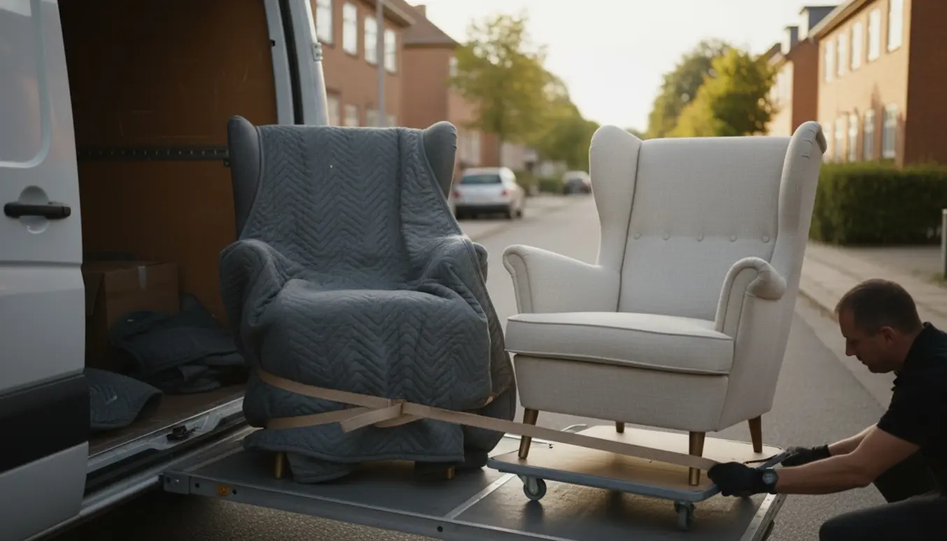 To højryggede lænestole pakkes og løftes ind i en flyttevogn på en stille villavej.