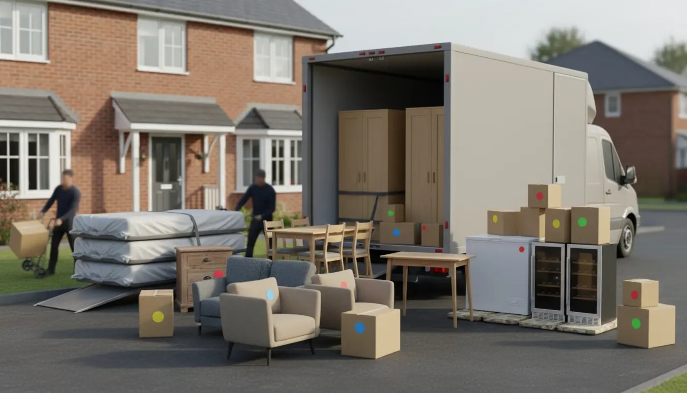 Møbler og kasser lastes ind i en flyttebil foran et rødt murstenshus.