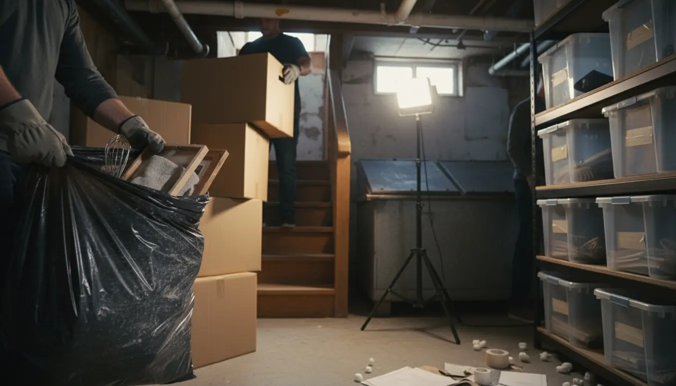 Rodet kælderrum hvor hænder fylder sorte affaldssække, flyttekasser stables og en container ses ved trappen.