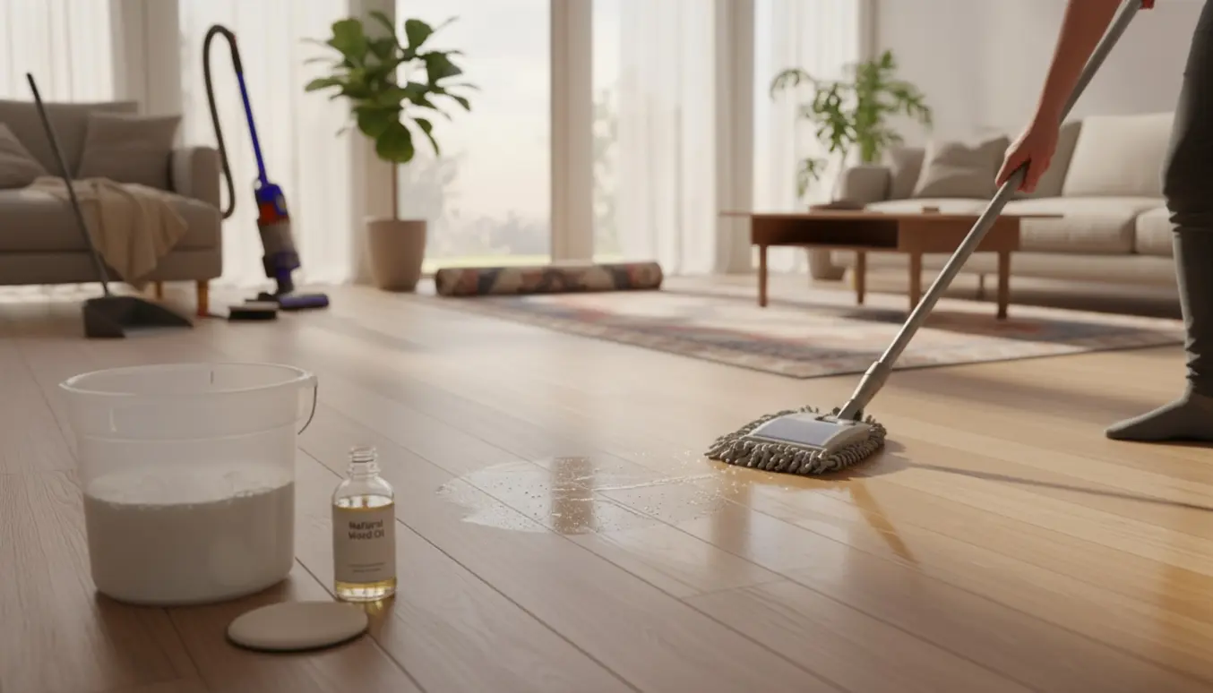 Solbelyst stue under rengøring med våde trægulve og oliebehandlet afsnit samt rengøringsredskaber.